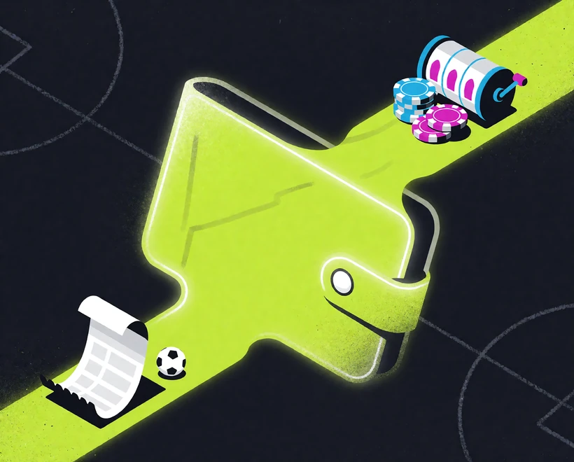Neon-Diagramm eines gemeinsamen Kontoguthabens mit Wegen zu Fu&szlig;ball-Wettschein und Casino-Sitzung im Zoccer Sportsbook