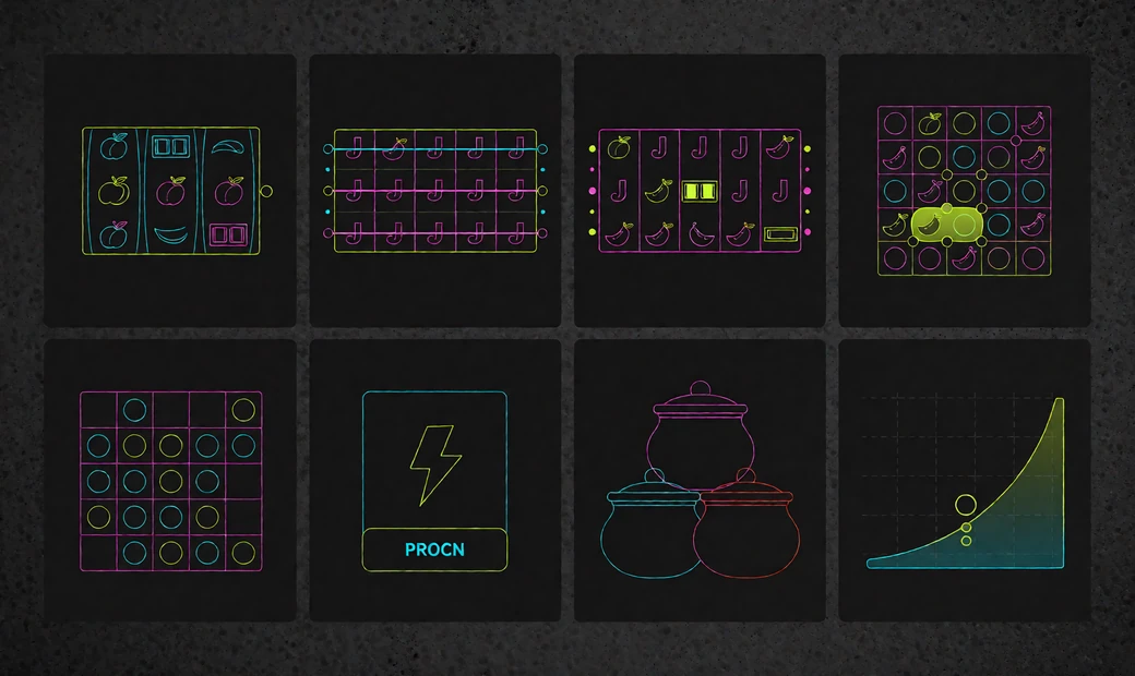 Diagramm mit acht Slot-Mechaniken von Klassiker &uuml;ber Megaways und Cluster Pays bis Jackpot und Crash-Kurve als &Uuml;bersicht der Online Slots Kategorien