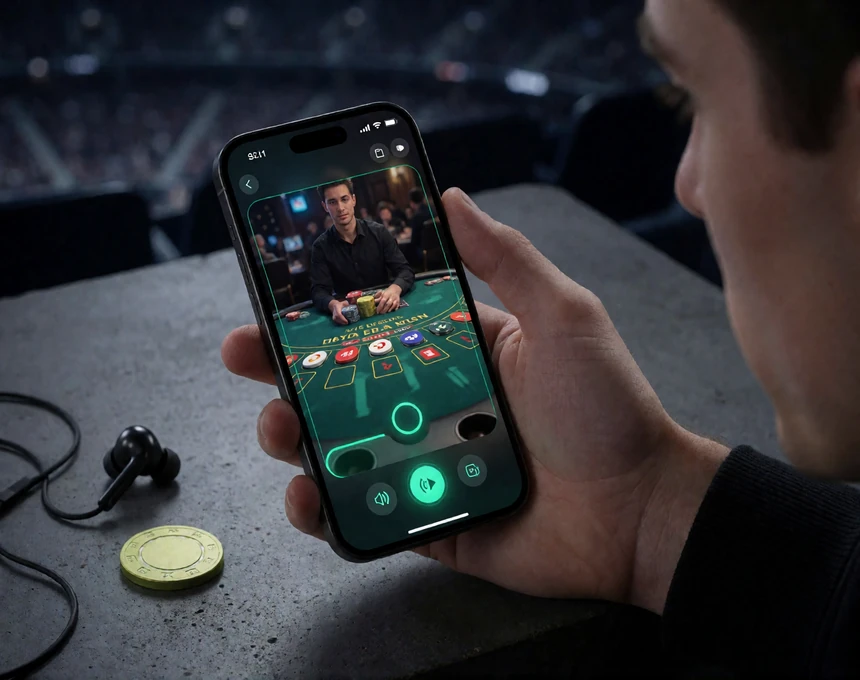 Smartphone mit laufender Live-Casino-&Uuml;bertragung, Verbindungsanzeige und Bedienelementen auf dunklem Betontisch