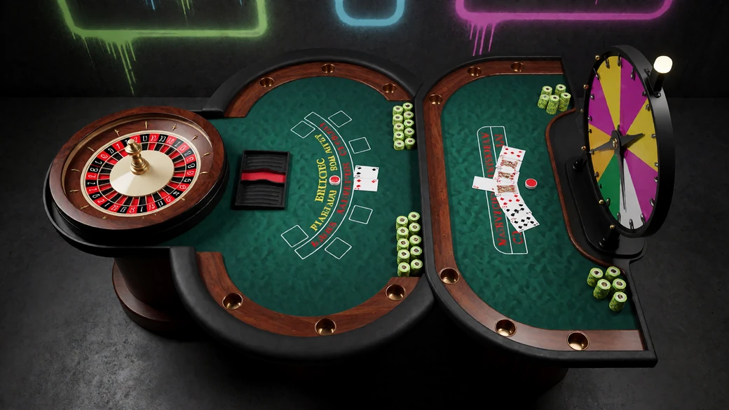 Roulettekessel, Blackjack-Kartenschlitten, Baccarat-Karten und Game-Show-Rad nebeneinander als &Uuml;bersicht der Live-Casino-Tischarten