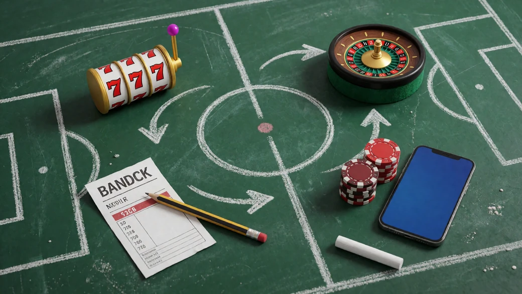 Taktiktafel mit Slot-Walze, Roulette-Rad, Wettschein, Chips und Bankkarte als &Uuml;bersicht der sechs Zoccer Casino Bereiche