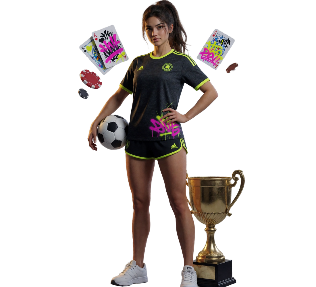 Sportlerin in Trikot mit Fu&szlig;ball, Troph&auml;e und Casinochips als Sinnbild f&uuml;r das Fu&szlig;ball-Casino von Zoccer Casino
